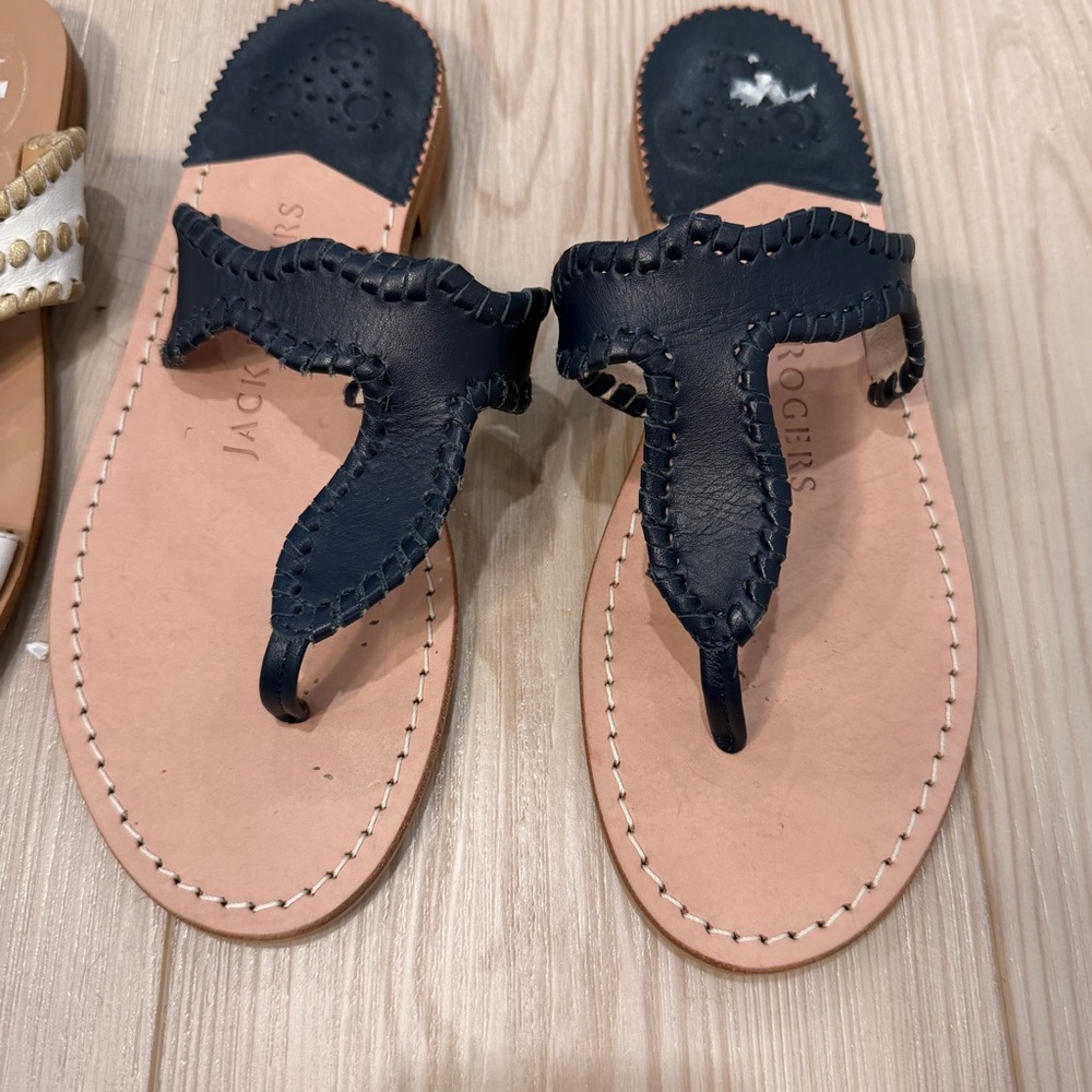Jack Rogers Navy Leather Thong Sandals, new, no wear to soles